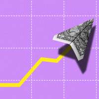 Photo illustration of a US dollar paper airplane flying upwards with a stock line trace behind it