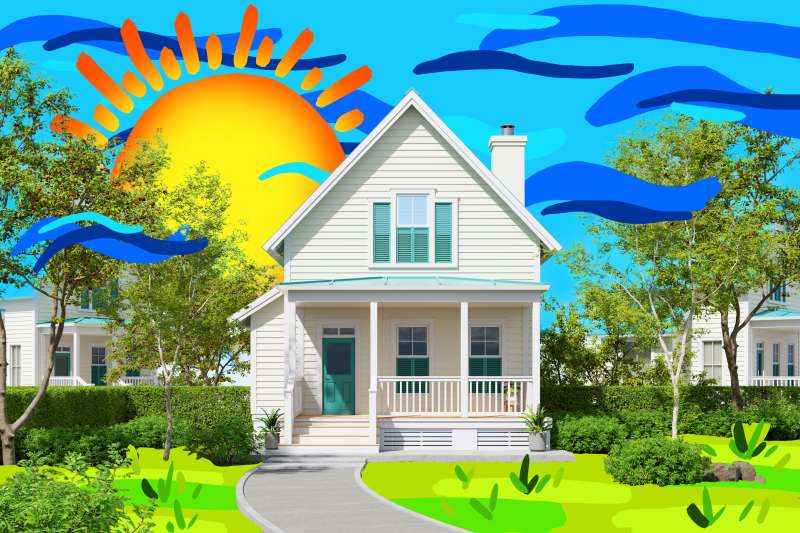 Photo Illustration of a house with a drawn sun, clouds and grass
