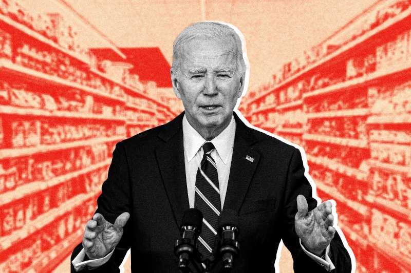 Photo-collage of Biden giving a speech with a grocery story aisle in the background.