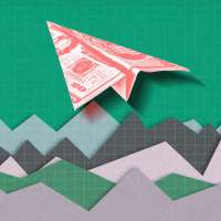 Landscape of graphs with a money paper airplane flying above.