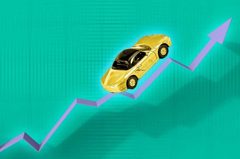 Photo-illustration of a car going up a graph