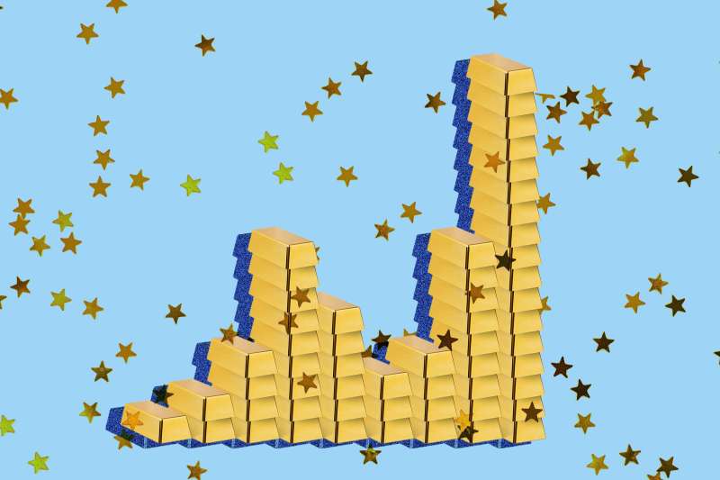 Photo-illustration of stacked gold bars forming a graph with gold stars in the background.