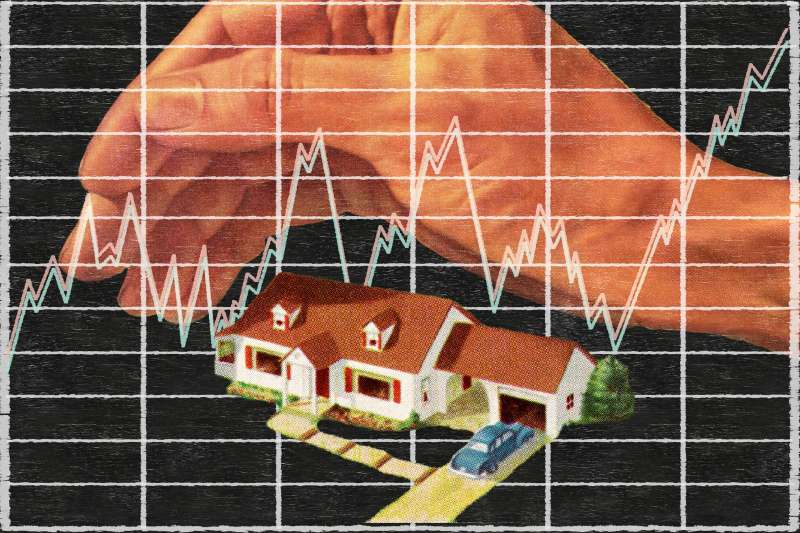 Photo-illustration of a hand protecting a house, with a graph overlaid.