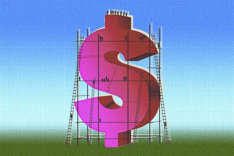 Dollar sign with scaffolding and workers.