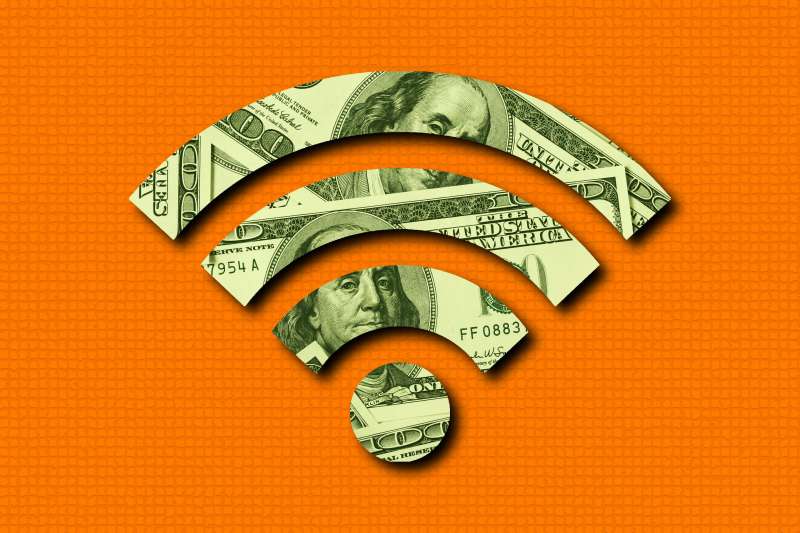 Photo illustration of a cut out of a Wifi symbol with hundred dollar bills in the background