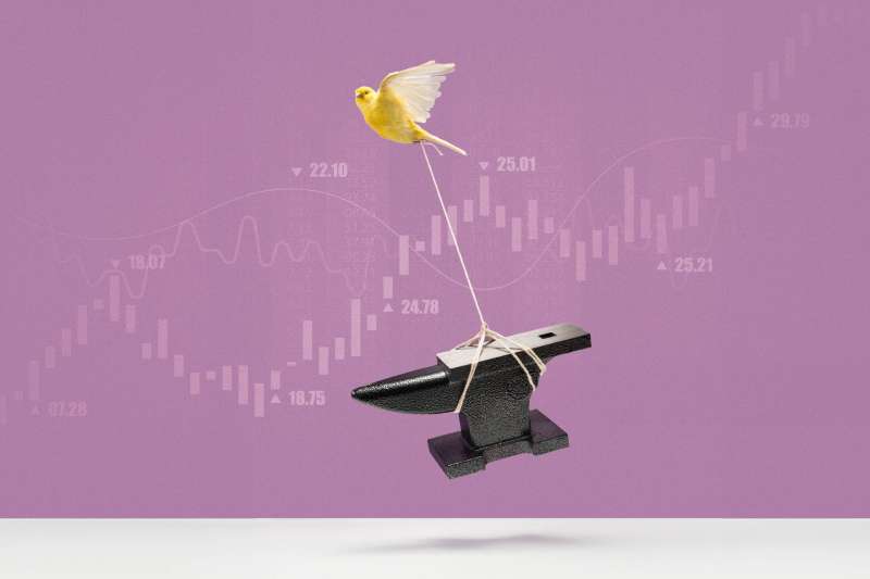 A canary flying carrying an anvil, with an investing chart in the background.