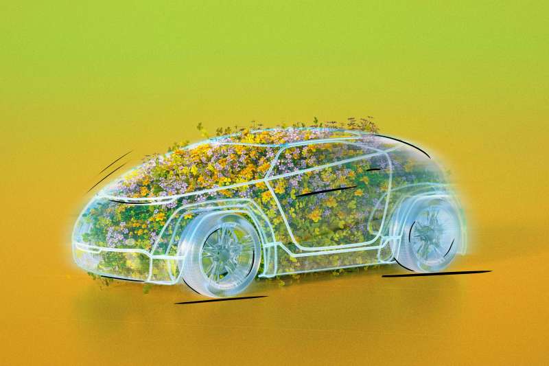 Digital generated image of grass and flowers growing inside car's interior. Sustainability and futuristic car concept.