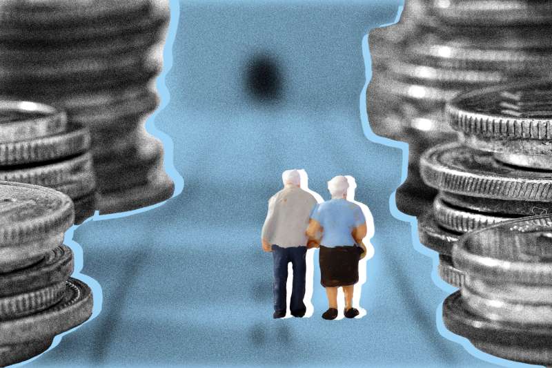 Photo-illustration of an old couple walking a path lined with stacks of coins.