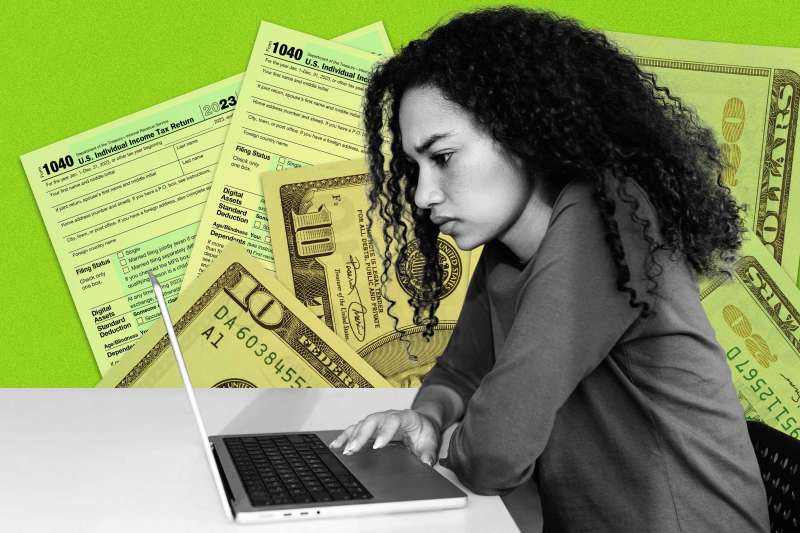 Photo collage of a woman using her computer with two tax forms and dollar bills in the background