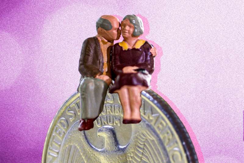 Photo-illustration of an elderly couple sitting on a quarter together.