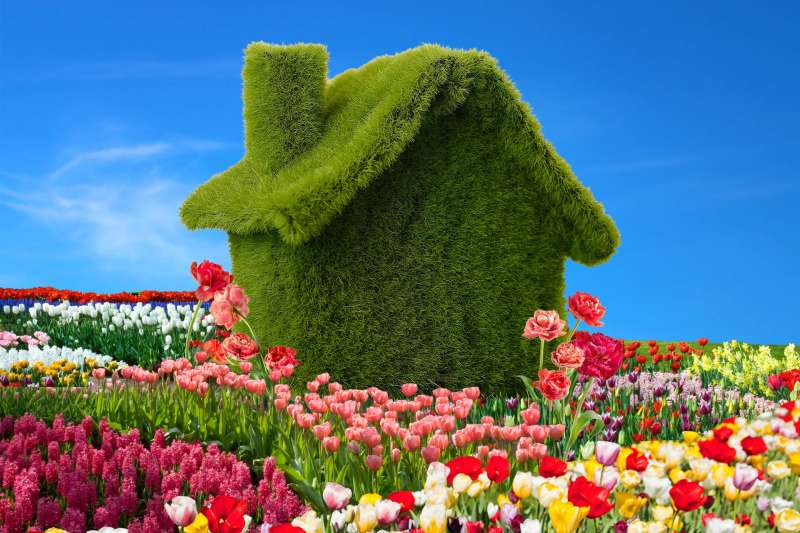 Photo-illustration of a grass house in a field of flowers.