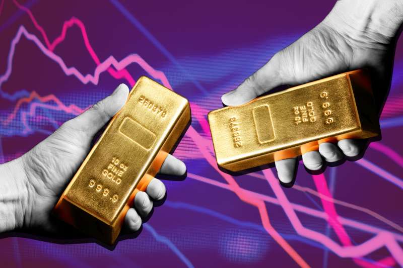 Photo collage of two hands holding a gold bar with a stock chart in the background