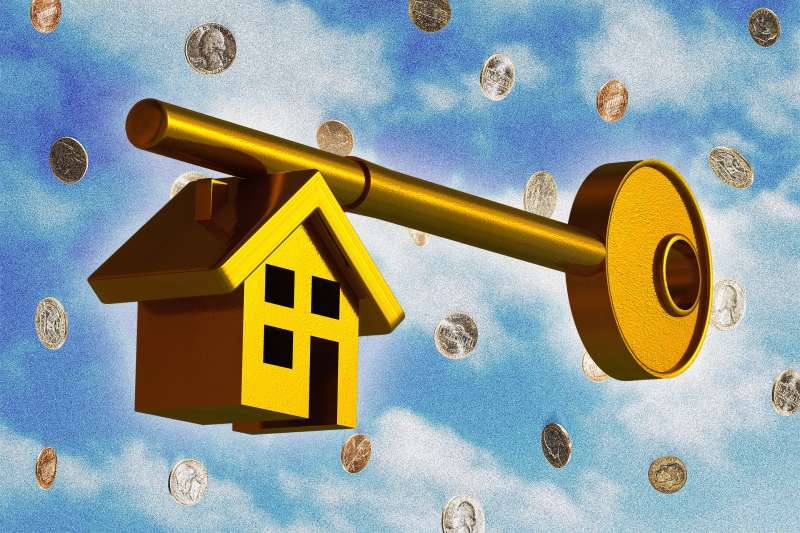 Photo-illustration of a house-shaped key floating in a sky with coins raining down in the background.