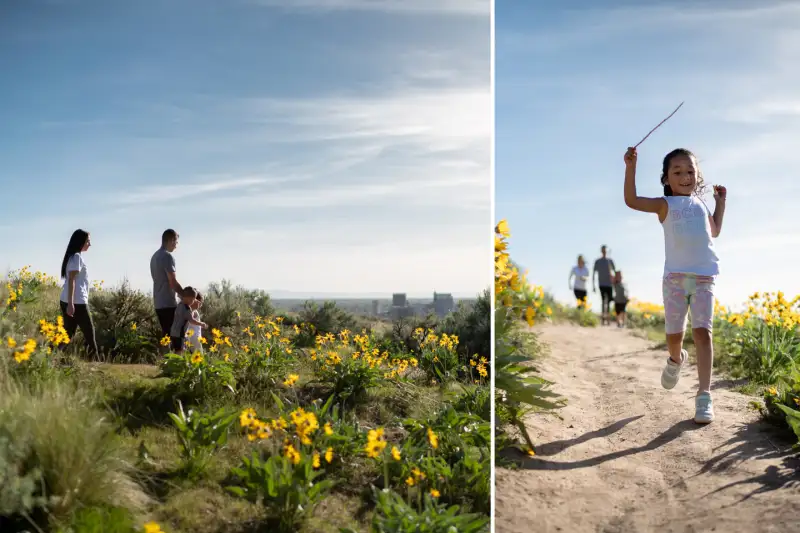 Family of three hiking outdoors in Boise