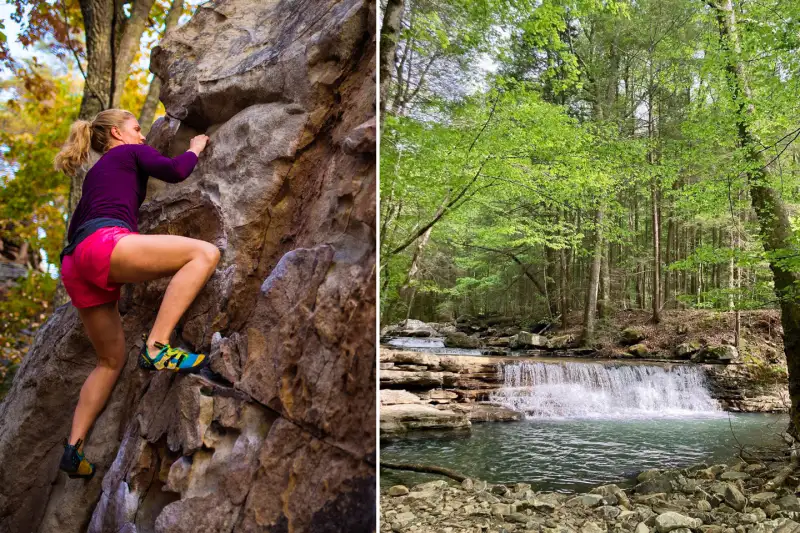 Woman doing bouldering outdoors and a picture of a small waterfall in Chattanooga