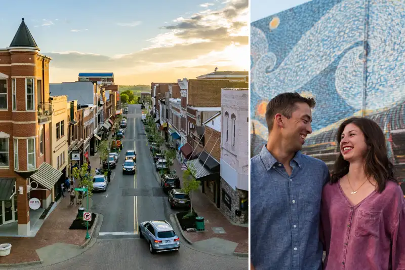 Left: Downtown Clarksville; Right: A couple standing in front of starry nights mural