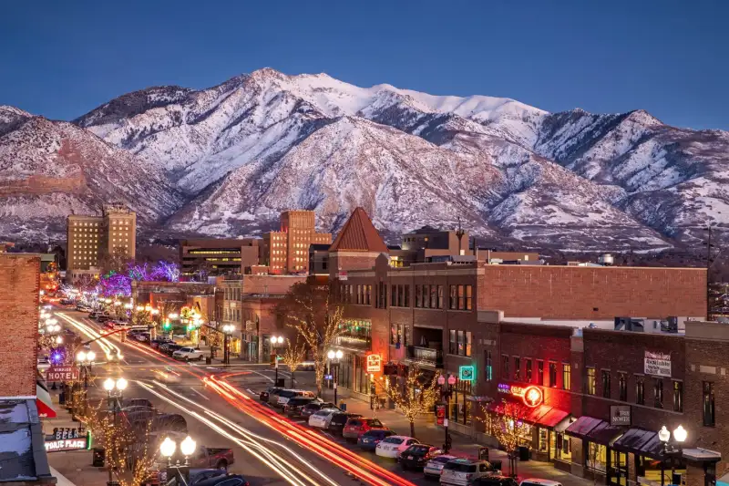 Downtown Ogden with scenic mountains in the background