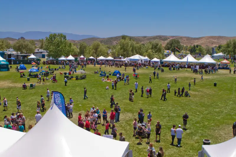 Aerial view of people on an open field during a fair
