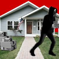 Photo collage of a person stealing packages form a front yard