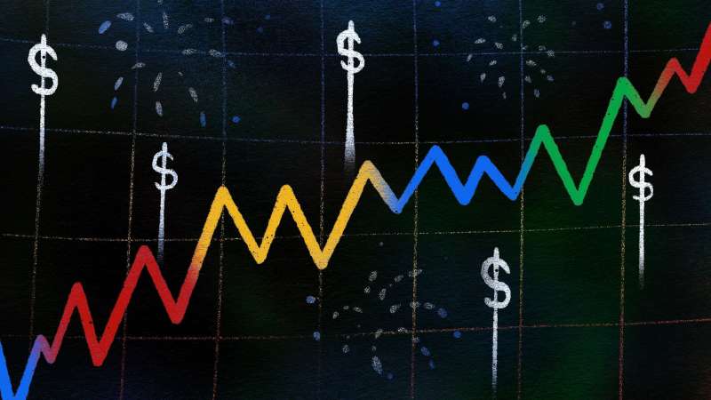 Illustration of a stock market graph reminiscent of Google's company colors amongst celebratory fireworks