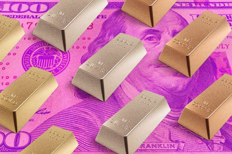 Photo collage of gold, silver and copper bars on top of a big 100 dollar bill.