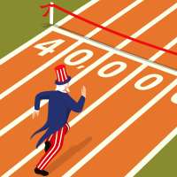 Illustration of Uncle Sam running towards a racing finish line with the number 40,000 written on the ground