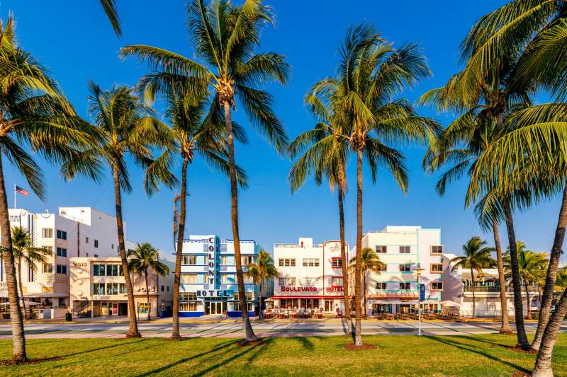 Multi-coloured vibrant art deco hotels along the Ocean Drive on a sunny day, Miami Beach, Florida