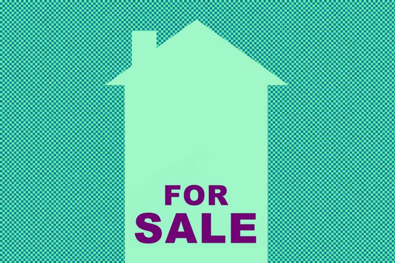 Illustration of a rising arrow in the shape of a house with the words  For Sale