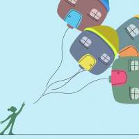 Illustration of house-shaped balloons getting away from their owner.