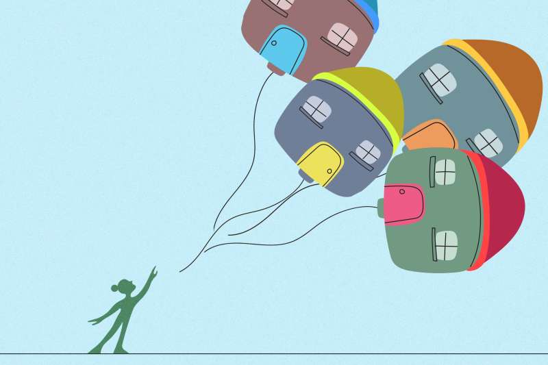 Illustration of house-shaped balloons getting away from their owner.