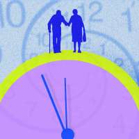 Elderly couple standing on a clock, with a spiral of time in the background.