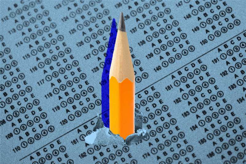 Photo-illustration of a pencil busting through a multiple choice answer sheet.