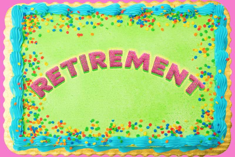 A cake with 'retirement' written on it in sprinkles