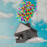 Photo Illustration of small house flying up in the air with balloons attached to the chimney.