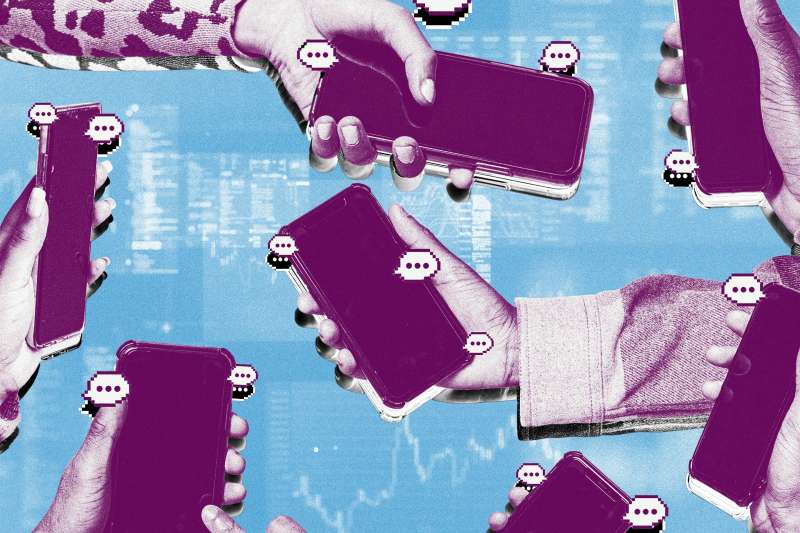 Hands reaching with cell phones and speech bubbles, with stock graphs in the background