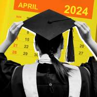 Photo collage of a student in graduation cap and gown, from behind, with a April 2024 calendar in the background