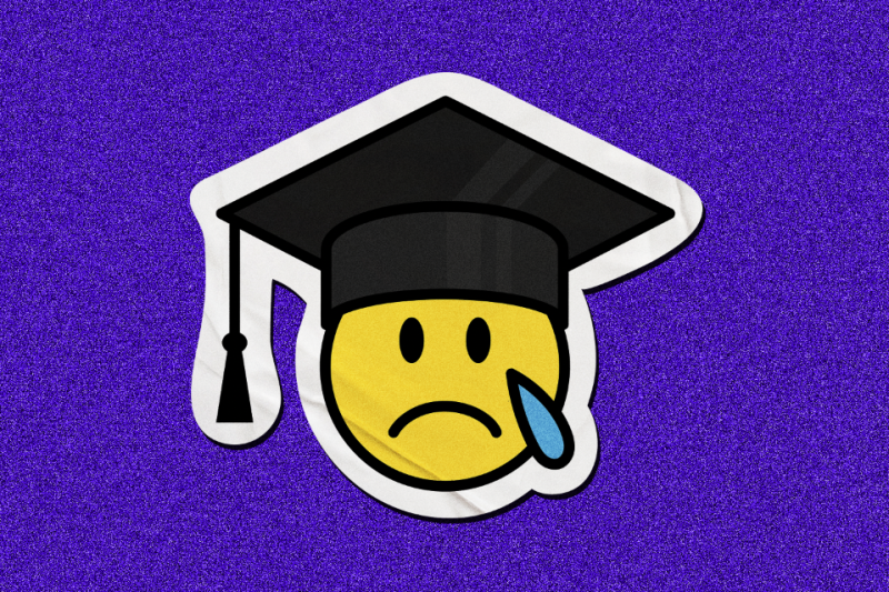 Sticker of a sad face emoji wearing a graduation cap