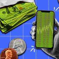 Photo collage of a hand holding a smartphone with a stock chart on the screen, and dollar bills and coins in the background