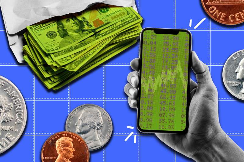 Photo collage of a hand holding a smartphone with a stock chart on the screen, and dollar bills and coins in the background