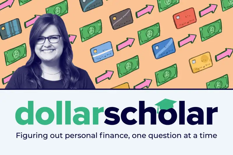 Dollar Scholar banner featuring many credit cards turning into cash