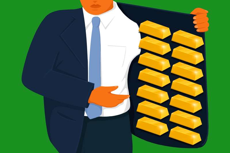 Illustration of a man holding open his suit jacket displaying multiple gold bars