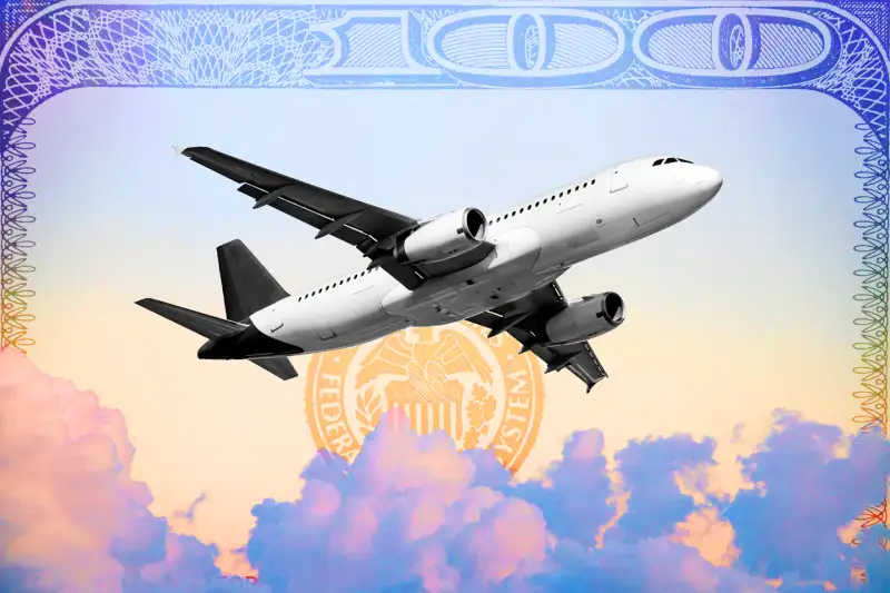 Photo collage of an airplane in the sky with a dollar bill in the background