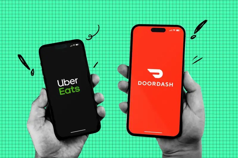 Photo collage of two hands holding smartphones, one shows the Uber Eats logo and the other Doordash