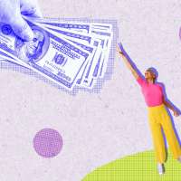 Photo-illustration of a hand reaching down with money and a woman reaching up to grab it.