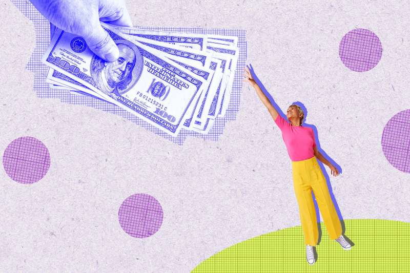Photo-illustration of a hand reaching down with money and a woman reaching up to grab it.