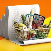 Photo Illustration of a shopping basket full of groceries on top of a long receipt
