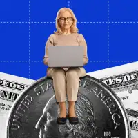 Photo collage of a woman using a laptop sitting on top of a giant quarter coin