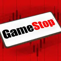 Photo Illustration of a smartphone with the Gamestop logo with a stock chart in the background