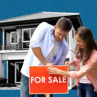 Photo collage Couple putting up a  For Sale  sign in-front of a house