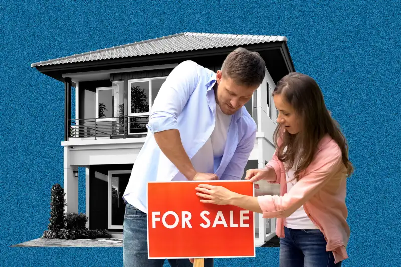 Photo collage Couple putting up a  For Sale  sign in-front of a house